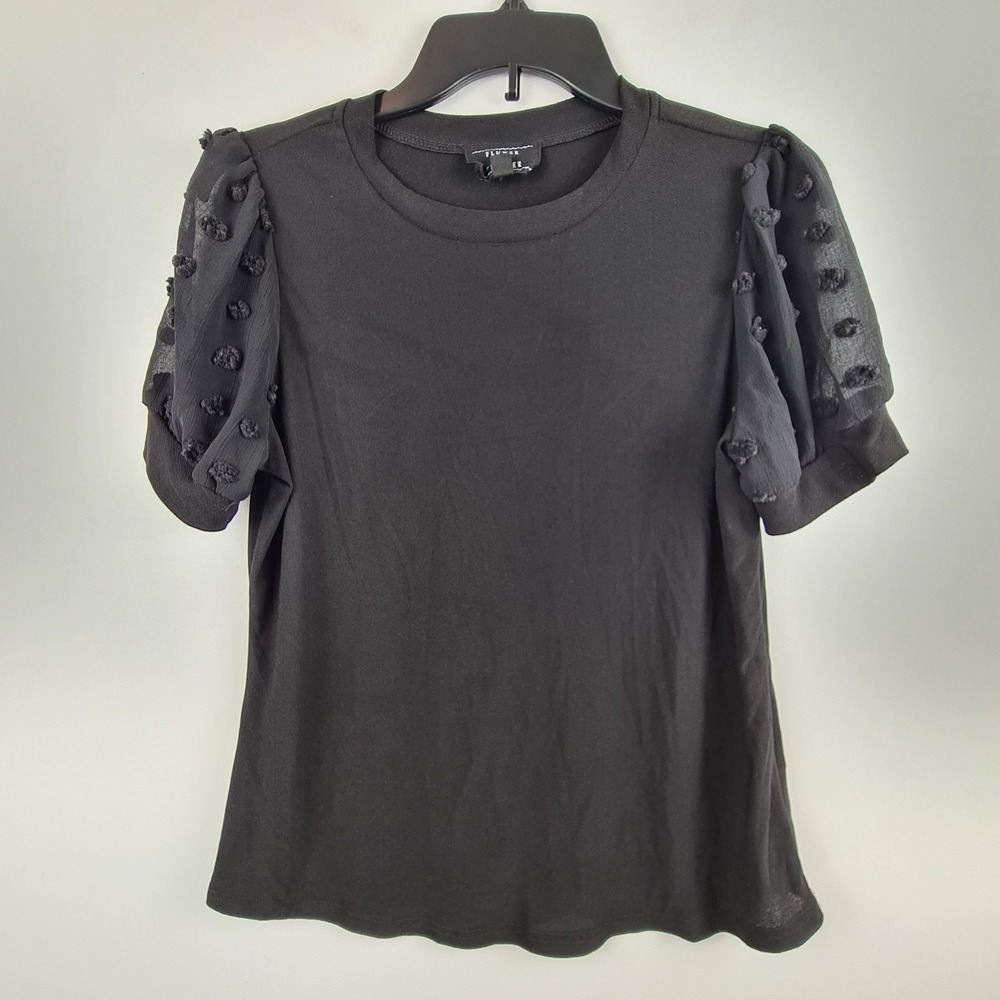 Flower & Feather Womens Black Puff Short Sleeve Swiss Dot Crepe Top Small